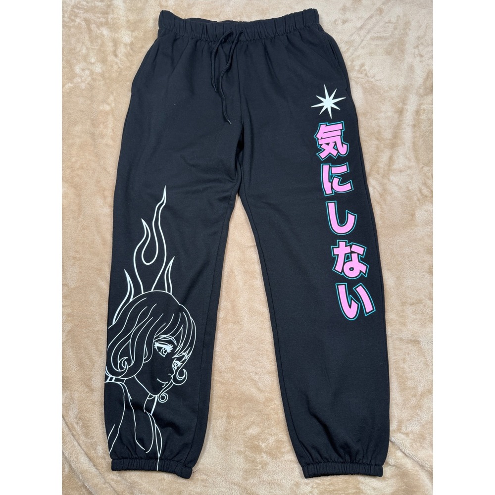 Cold Crush Anime Graphic Joggers Black Pink Blue Japanese Text Mens Large